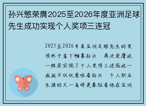 孙兴慜荣膺2025至2026年度亚洲足球先生成功实现个人奖项三连冠 孙兴慜荣膺2025至2026年度亚洲足球先生成功实现个人奖项三连冠